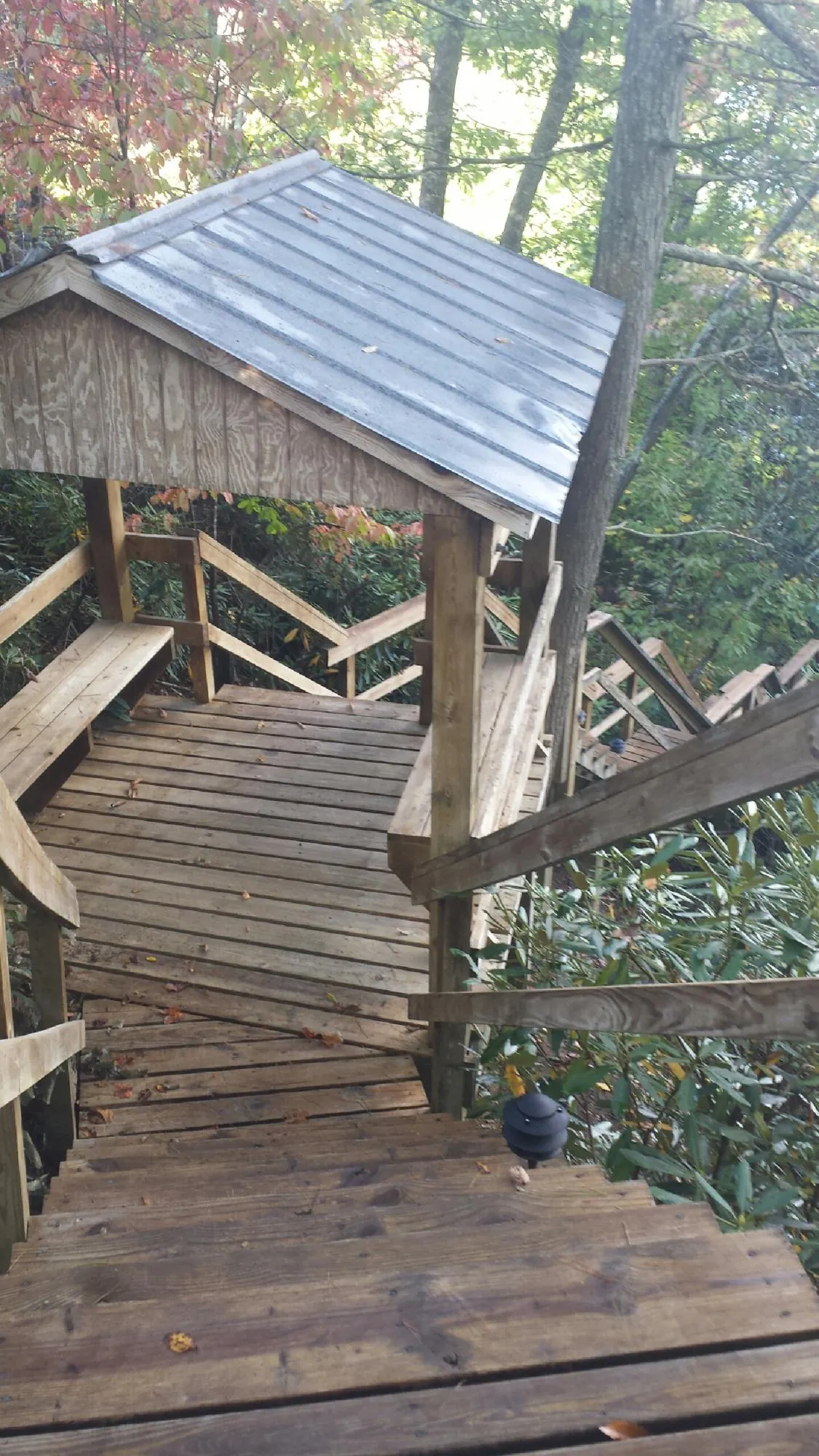 Metal roofed shelter over wooden steps on a wooded walkway — Skylight Repair & Installation work by our crew in Zenia
